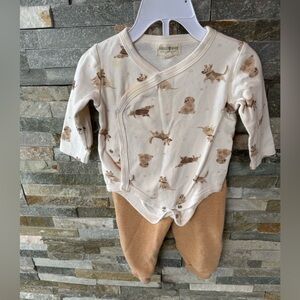 Dog print long sleeve onsie with Tan Pants
